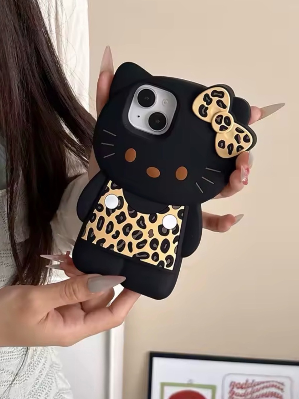 Black Hello Kitty Leopard Phone Case with Leopard Bow